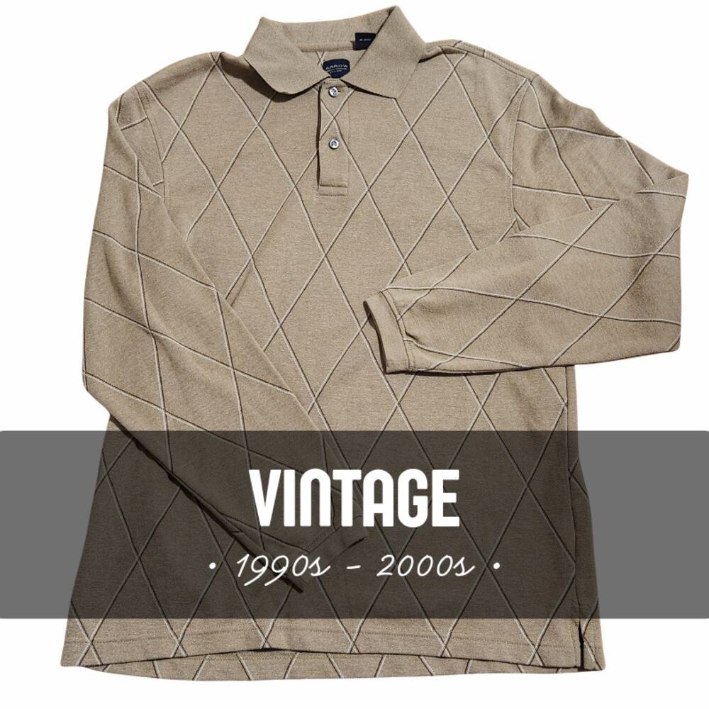 Vintage Arrow Tan Argyle Diamond Knit Short Sleeve Polo Shirt - Size Medium